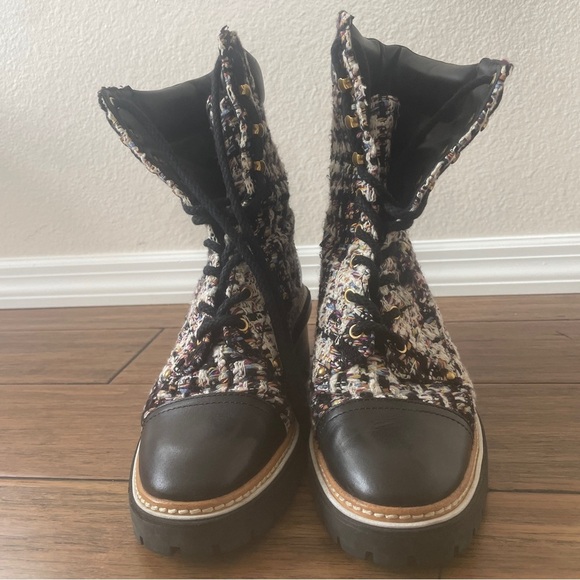 Tory Burch Tweed leather combat boots moto boots fall boots lace up booties - Picture 4 of 16